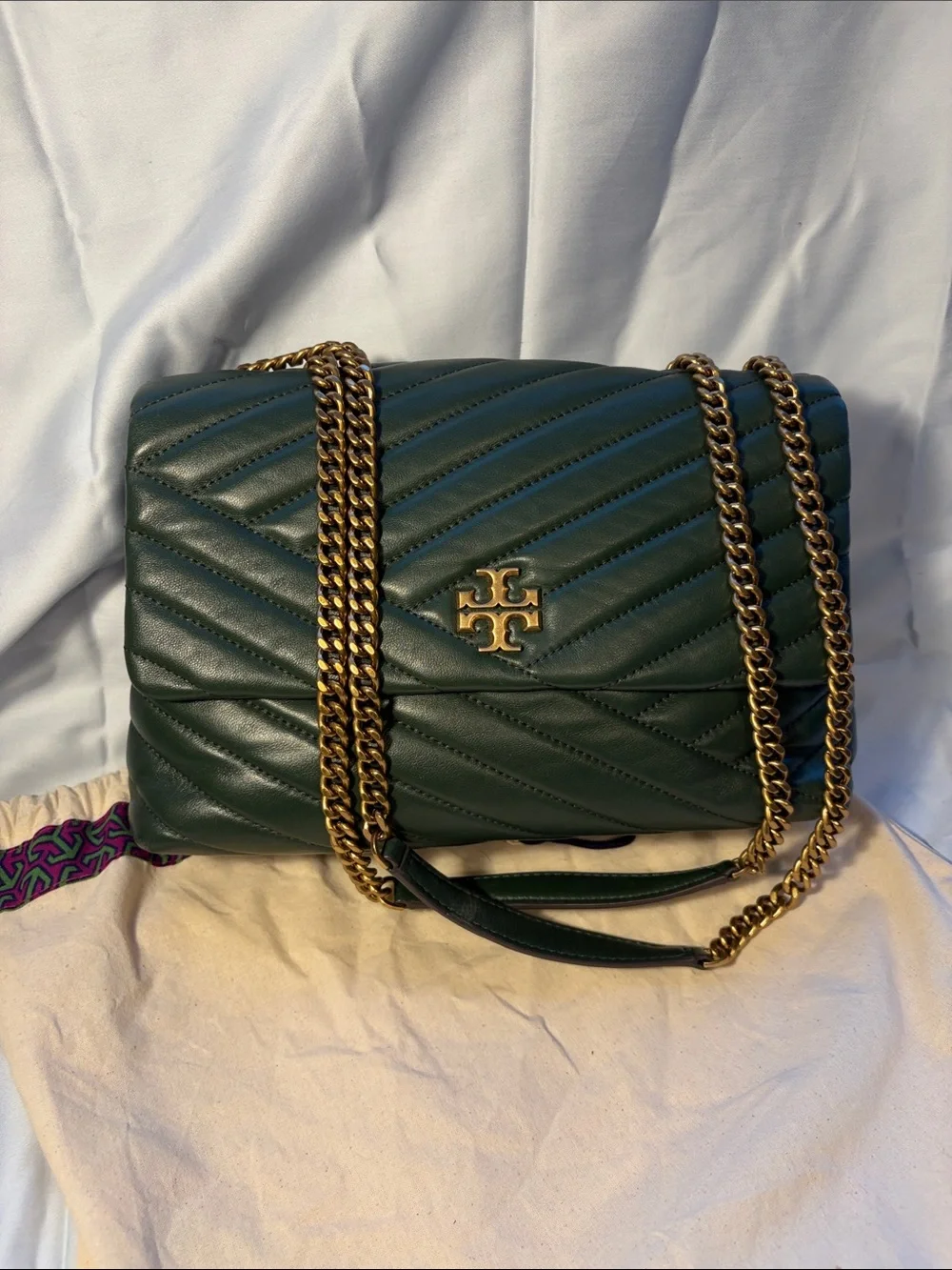 Tory Burch Kira Chevron Convertible Shoulder Bag Green Leather Gold Chain